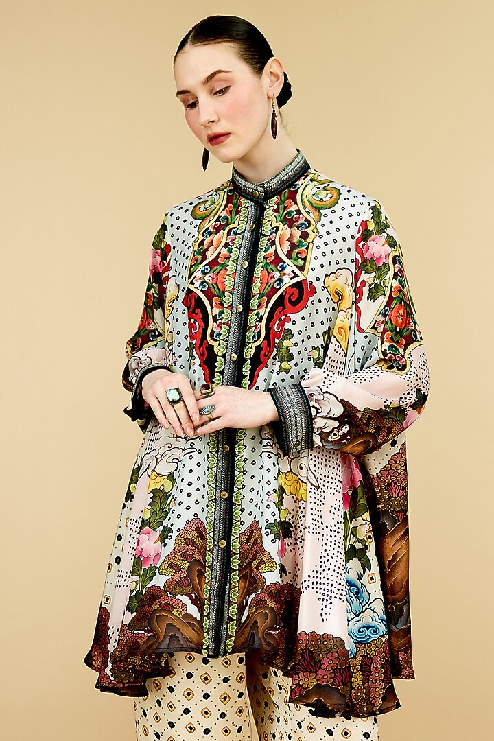 Powder Blue & Beige Silk Printed Tunic by Rajdeep Ranawat at Pernia's Pop Up Shop