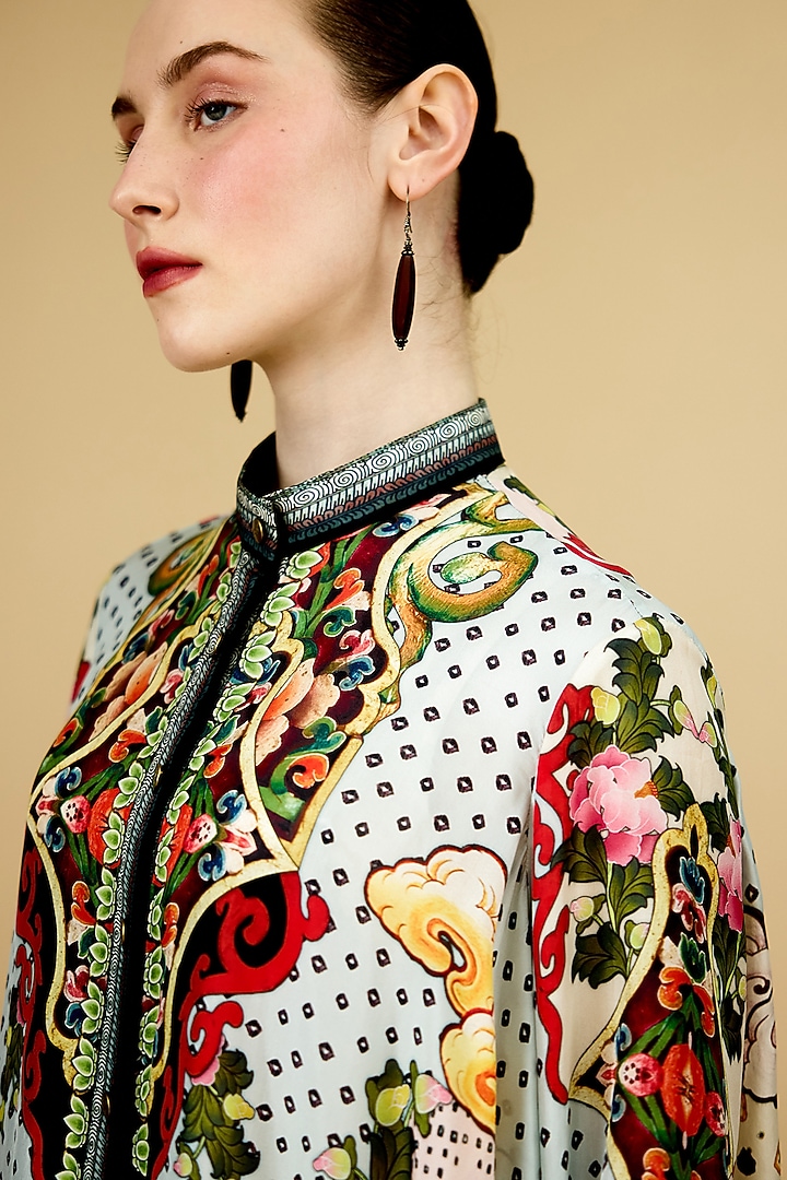 Powder Blue & Beige Silk Printed Tunic by Rajdeep Ranawat at Pernia's Pop Up Shop