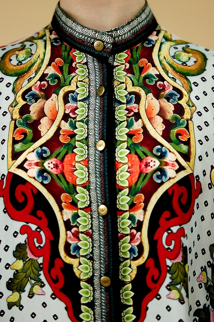 Powder Blue & Beige Silk Printed Tunic by Rajdeep Ranawat at Pernia's Pop Up Shop