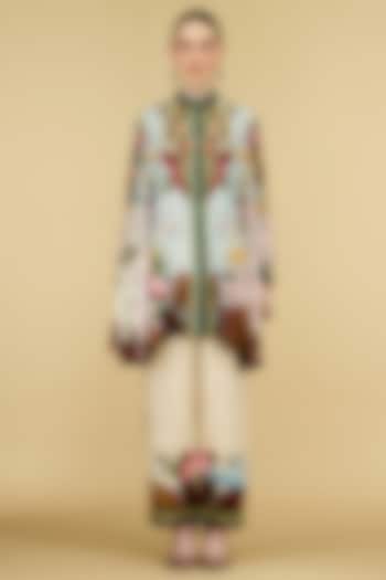 Powder Blue & Beige Modal Satin Printed Pants by Rajdeep Ranawat at Pernia's Pop Up Shop