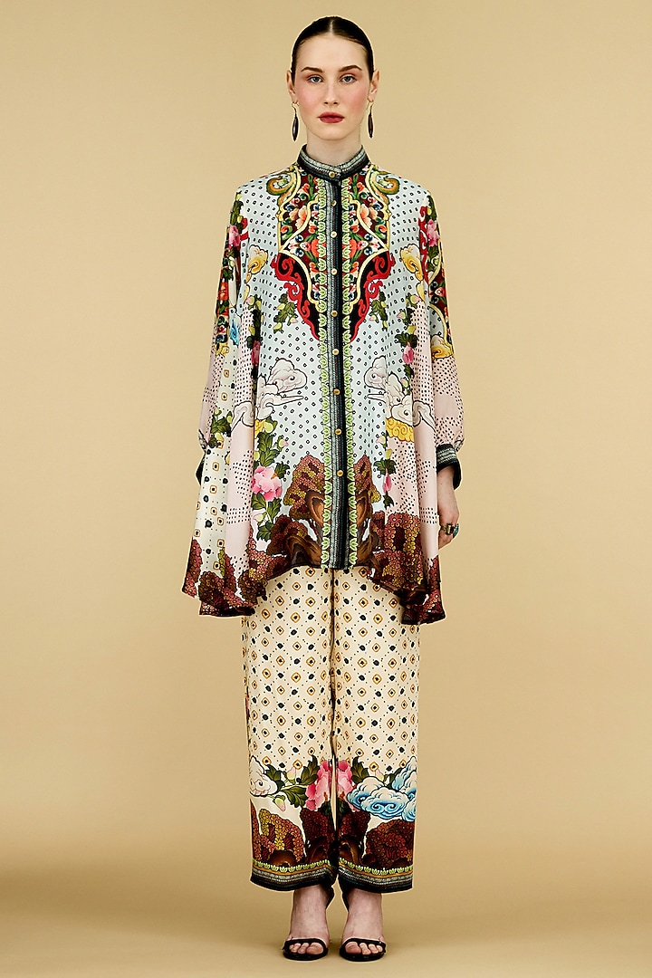 Powder Blue & Beige Modal Satin Printed Pants by Rajdeep Ranawat at Pernia's Pop Up Shop