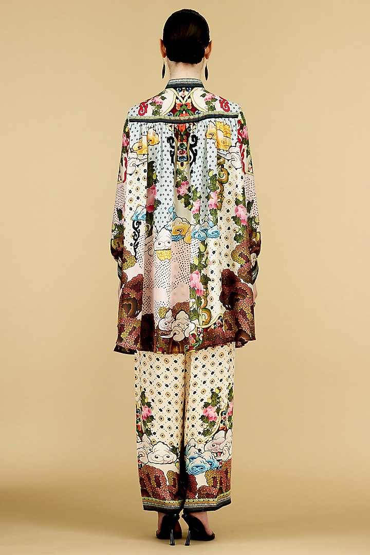 Powder Blue & Beige Modal Satin Printed Pants by Rajdeep Ranawat at Pernia's Pop Up Shop