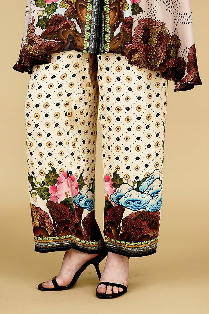 Powder Blue & Beige Modal Satin Printed Pants by Rajdeep Ranawat at Pernia's Pop Up Shop
