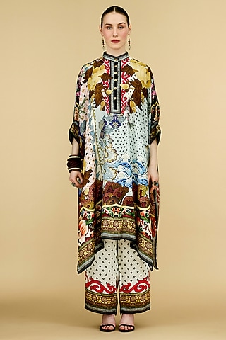 Powder Blue Modal Satin Printed Pants by Rajdeep Ranawat