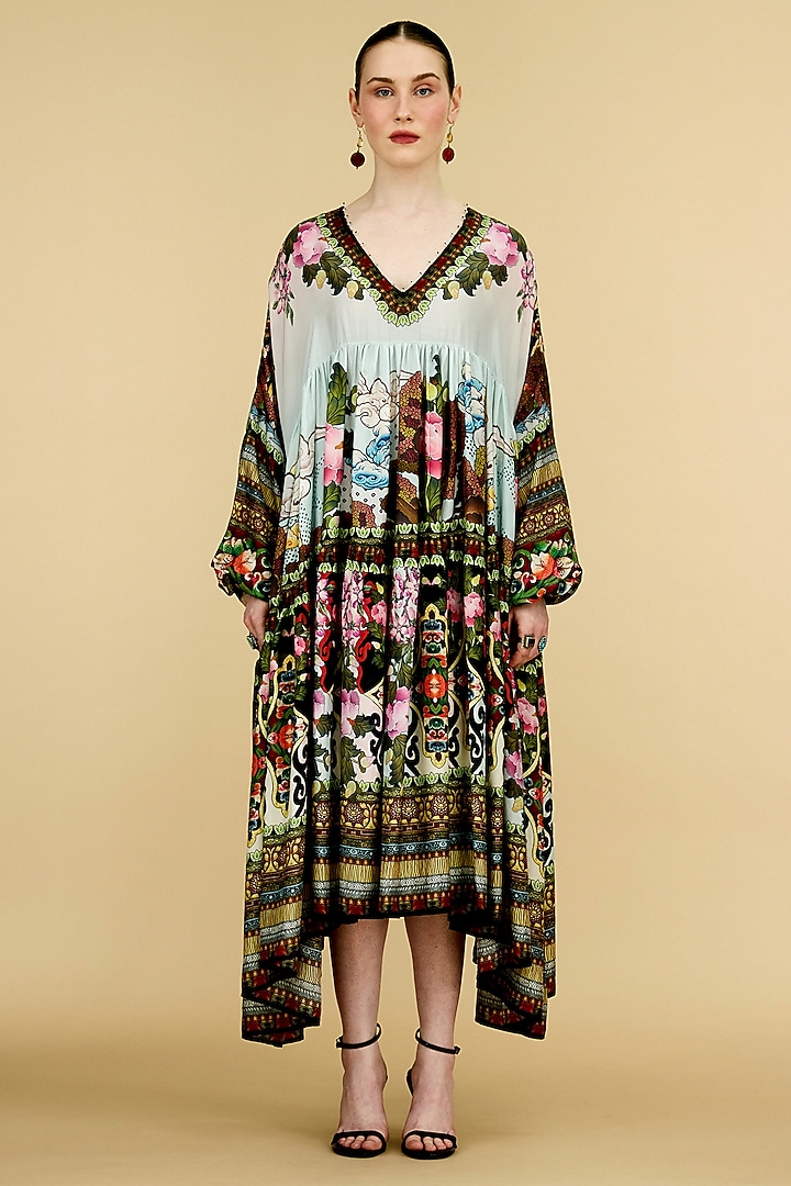 Multi-Colored Silk Printed Kaftan Cocktail Dress by Rajdeep Ranawat at Pernia's Pop Up Shop