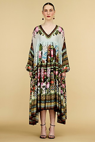Multi-Colored Silk Printed Kaftan Dress by Rajdeep Ranawat