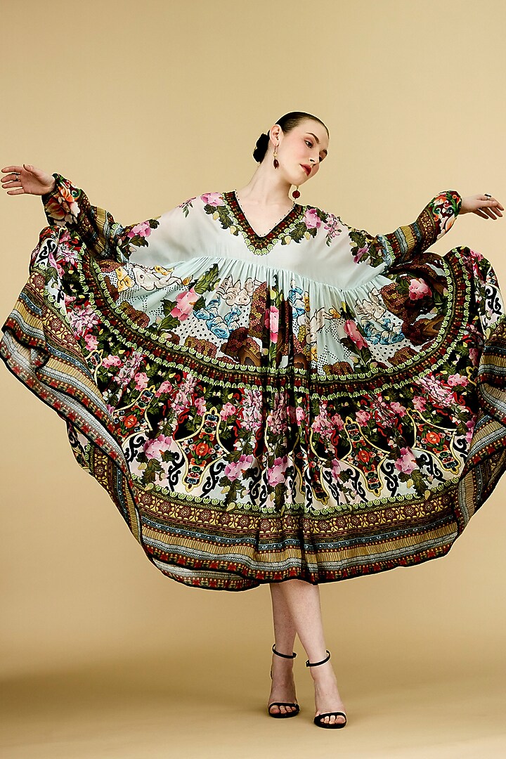 Multi-Colored Silk Printed Kaftan Cocktail Dress by Rajdeep Ranawat at Pernia's Pop Up Shop