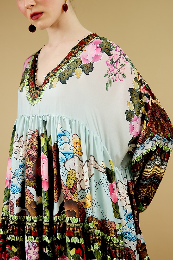 Multi-Colored Silk Printed Kaftan Cocktail Dress by Rajdeep Ranawat at Pernia's Pop Up Shop