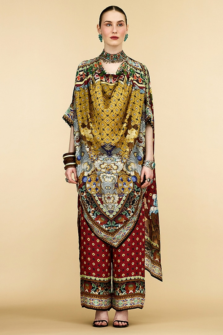 Gold & Red Silk Printed Cowl Tunic by Rajdeep Ranawat at Pernia's Pop Up Shop