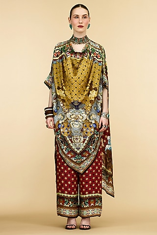 Gold & Red Silk Printed Cowl Tunic by Rajdeep Ranawat