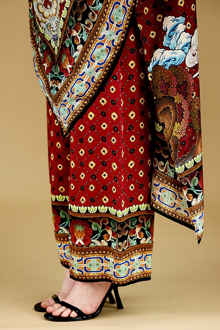 Gold & Red Modal Satin Printed Pants by Rajdeep Ranawat at Pernia's Pop Up Shop