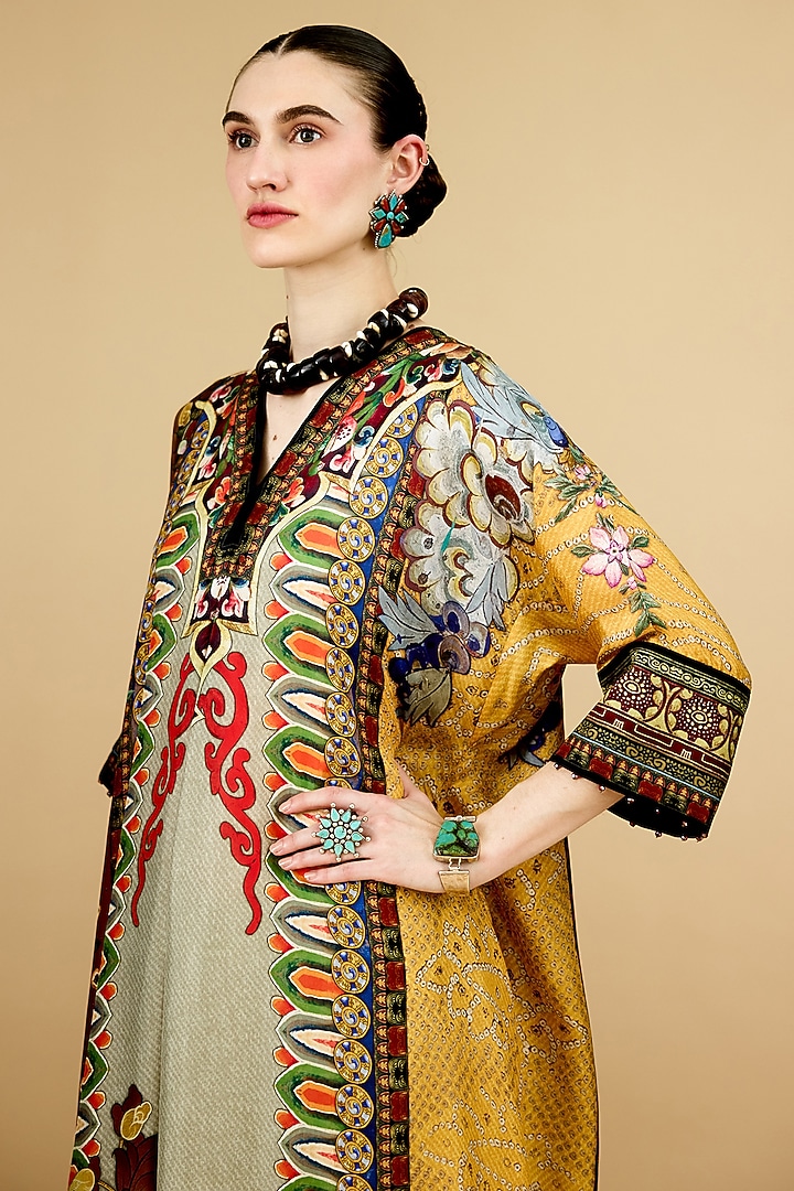 Taupe Silk Printed Kimono Tunic by Rajdeep Ranawat at Pernia's Pop Up Shop