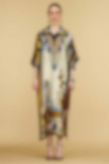Taupe Cotton Poplin Printed Kaftan Cocktail Dress by Rajdeep Ranawat at Pernia's Pop Up Shop