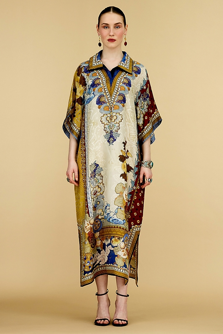 Taupe Cotton Poplin Printed Kaftan Cocktail Dress by Rajdeep Ranawat at Pernia's Pop Up Shop