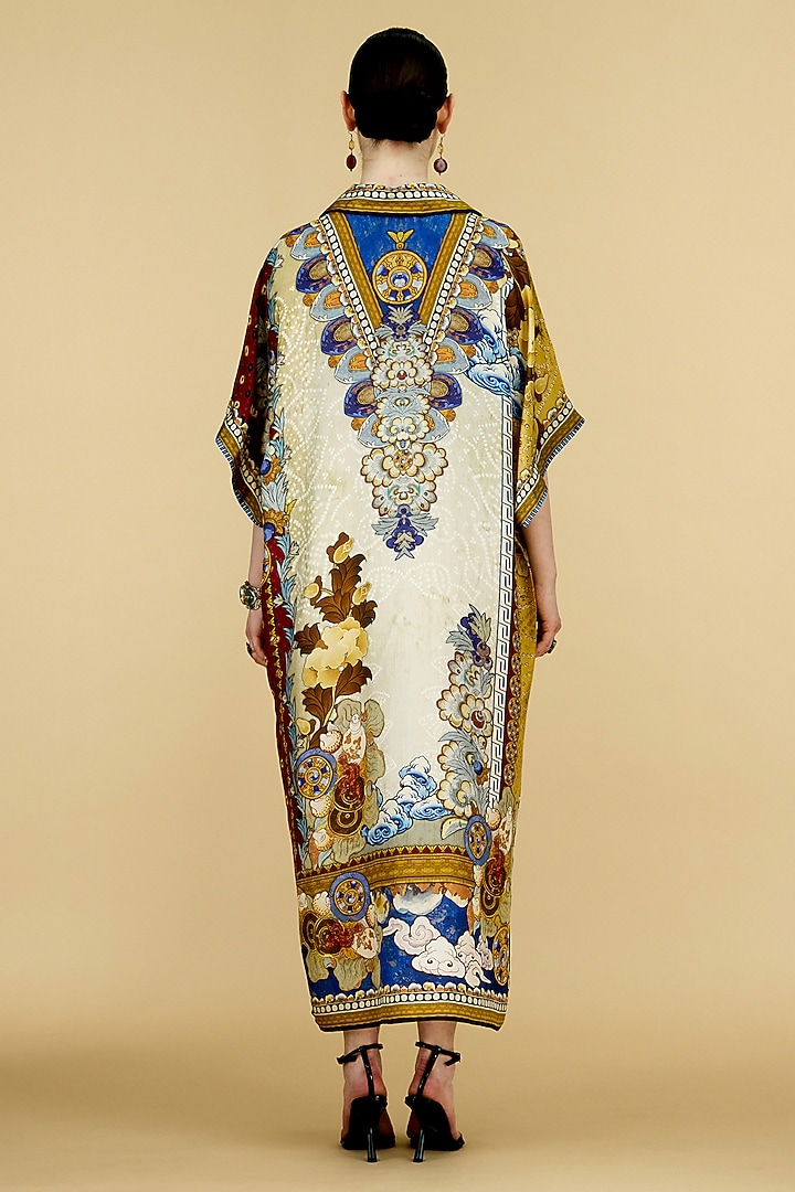 Taupe Cotton Poplin Printed Kaftan Cocktail Dress by Rajdeep Ranawat at Pernia's Pop Up Shop