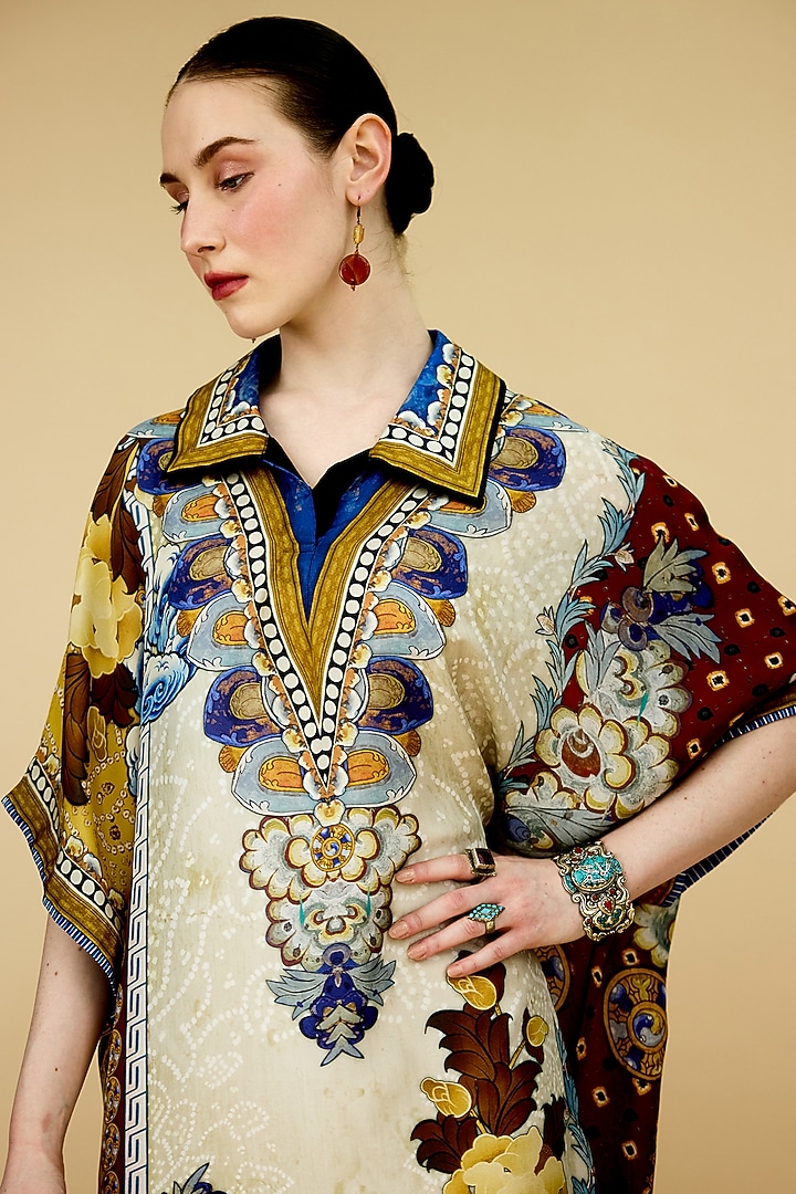 Taupe Cotton Poplin Printed Kaftan Cocktail Dress by Rajdeep Ranawat at Pernia's Pop Up Shop