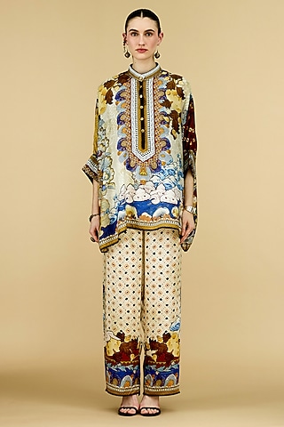 Beige Silk Printed Tunic by Rajdeep Ranawat