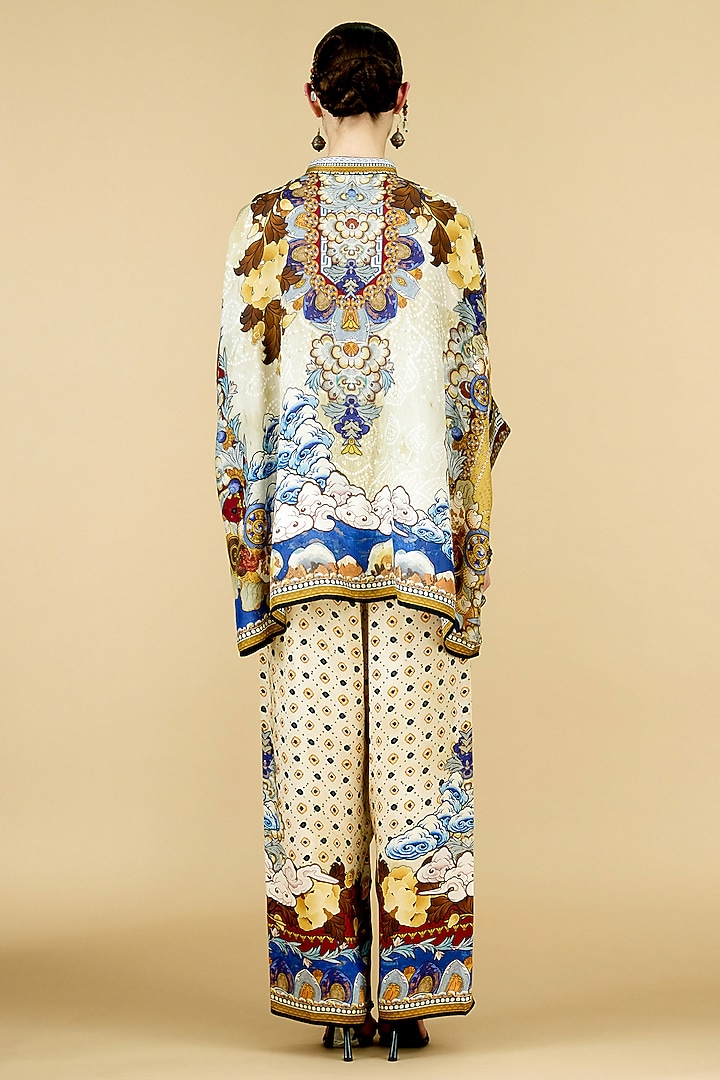 Beige Modal Satin Printed Pants by Rajdeep Ranawat at Pernia's Pop Up Shop