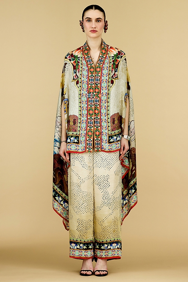 Beige Silk Printed Cape by Rajdeep Ranawat at Pernia's Pop Up Shop