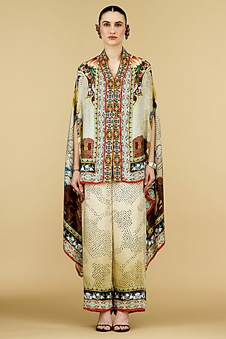 Beige Silk Printed Cape by Rajdeep Ranawat