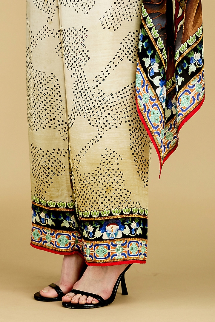 Beige Modal Satin Printed Pants by Rajdeep Ranawat at Pernia's Pop Up Shop