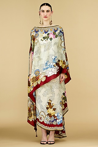 Eggshell-Colored Silk Printed Skirt Set by Rajdeep Ranawat