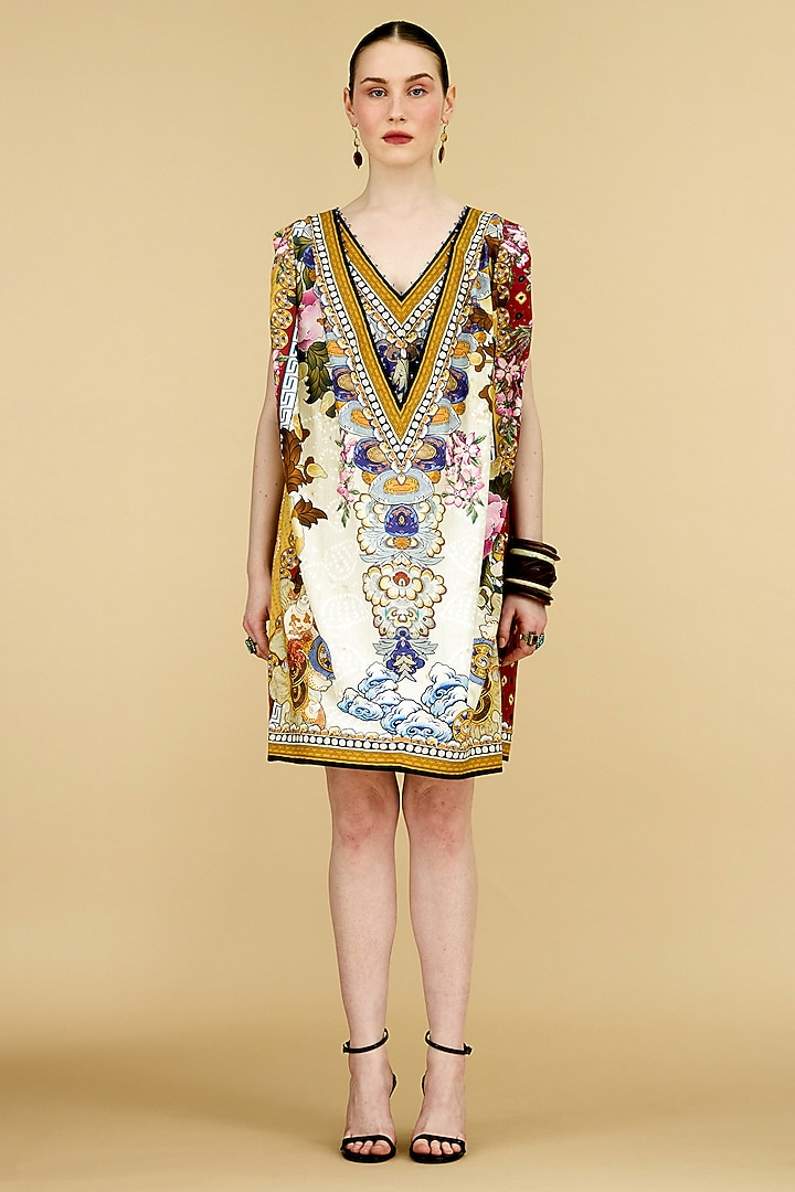Beige Cotton Poplin Printed Layered Vacation Dress by Rajdeep Ranawat at Pernia's Pop Up Shop