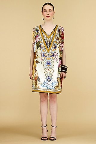 Beige Cotton Poplin Printed Layered Dress by Rajdeep Ranawat