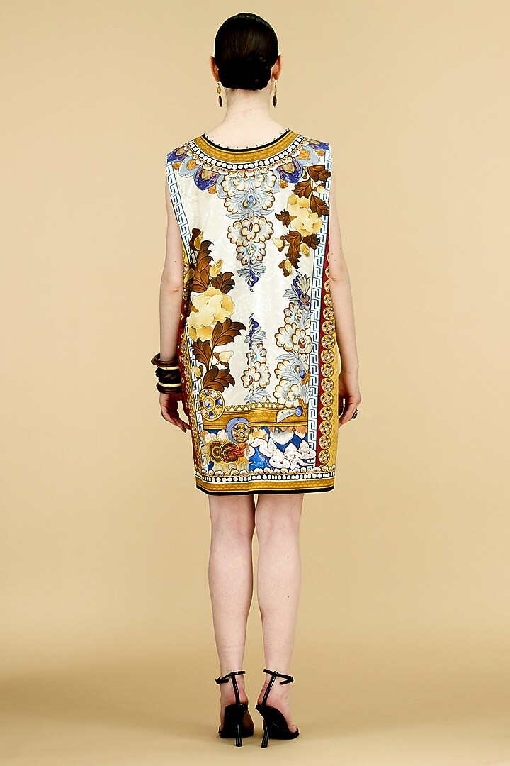 Beige Cotton Poplin Printed Layered Vacation Dress by Rajdeep Ranawat at Pernia's Pop Up Shop