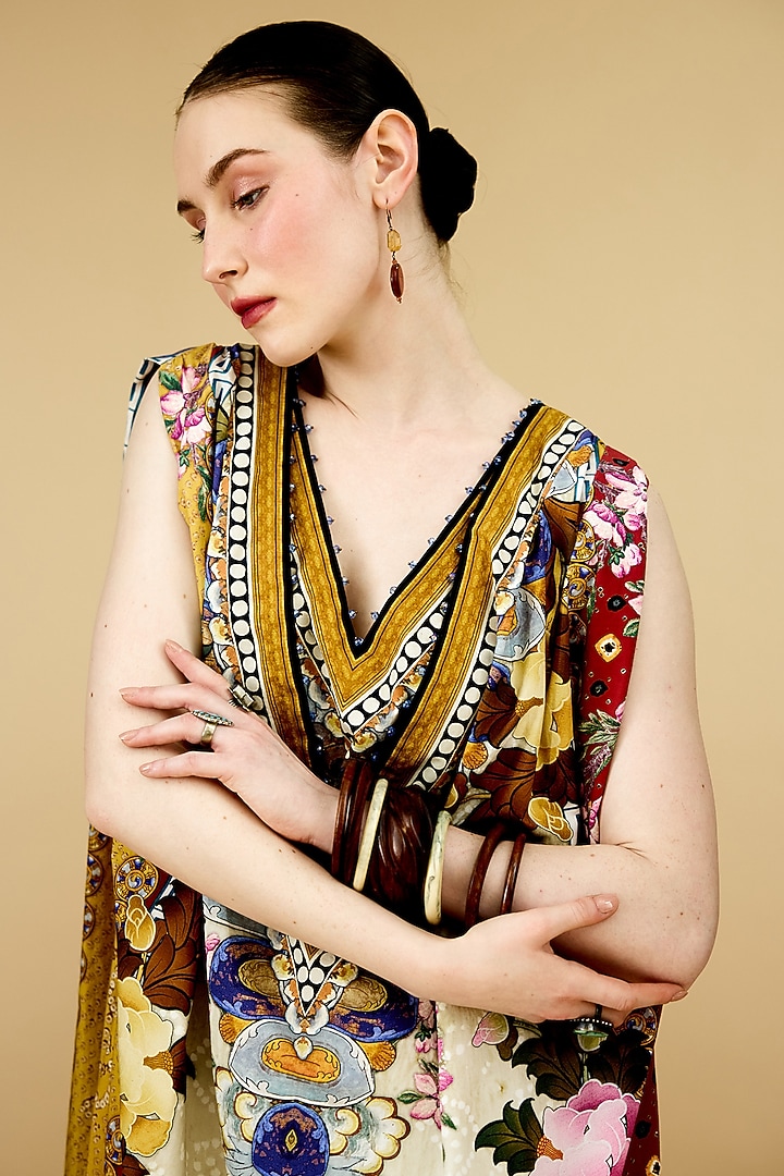 Beige Cotton Poplin Printed Layered Vacation Dress by Rajdeep Ranawat at Pernia's Pop Up Shop