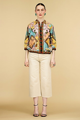 Multi-Colored Cotton Poplin Printed Bomber Jacket by Rajdeep Ranawat