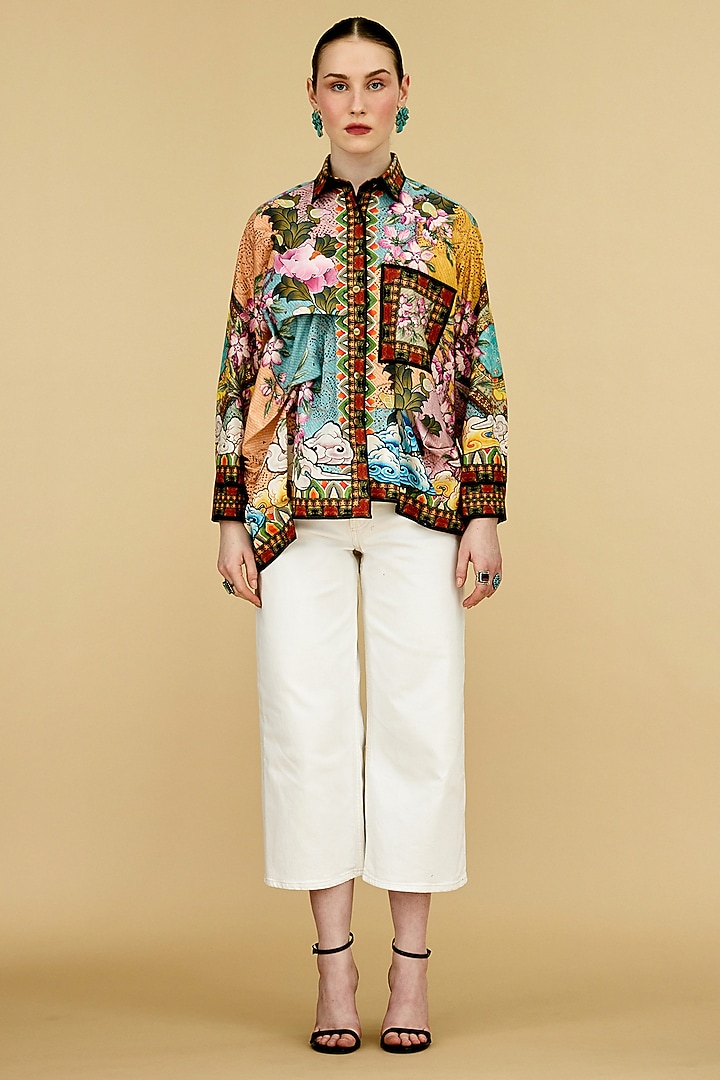 Multi-Colored Cotton Poplin Printed Asymmetrical Shirt by Rajdeep Ranawat at Pernia's Pop Up Shop