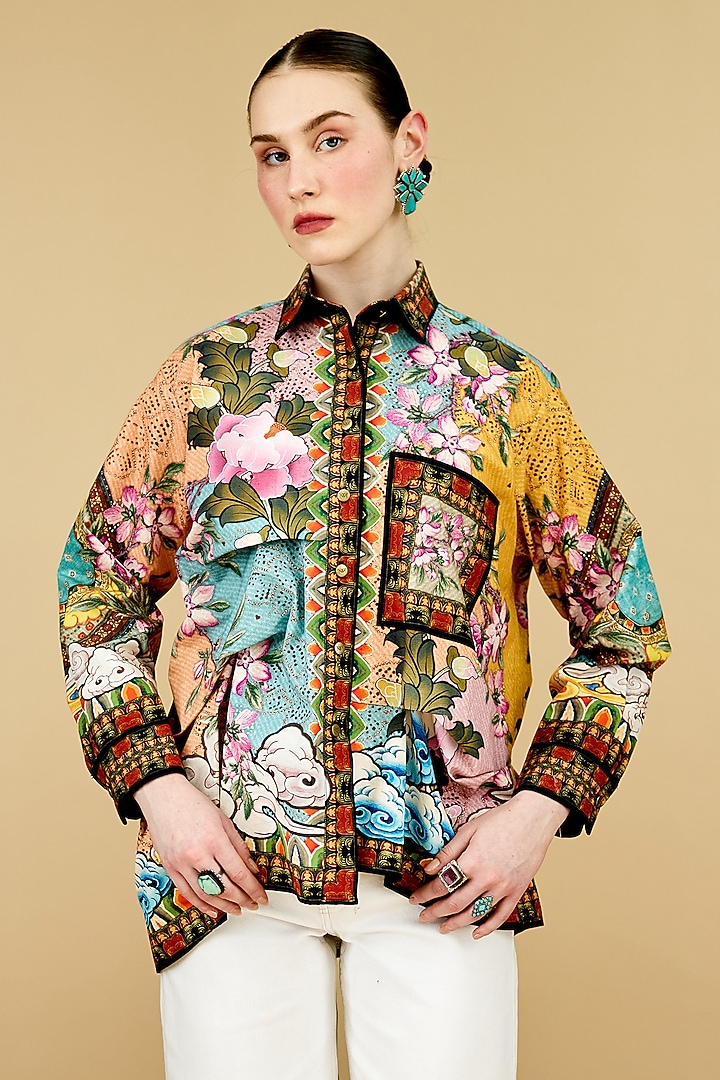 Multi-Colored Cotton Poplin Printed Asymmetrical Shirt by Rajdeep Ranawat at Pernia's Pop Up Shop