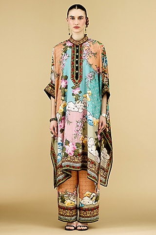 Peach & Aqua Silk Printed Tunic by Rajdeep Ranawat