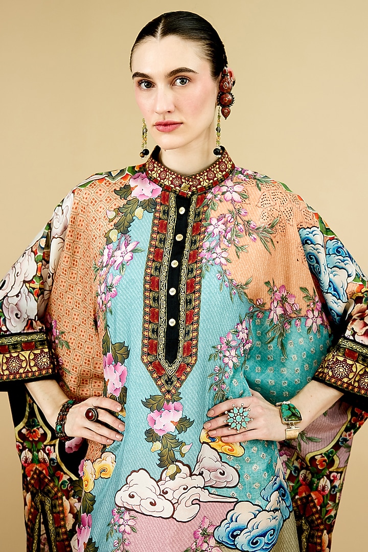 Peach & Aqua Silk Printed Tunic by Rajdeep Ranawat at Pernia's Pop Up Shop