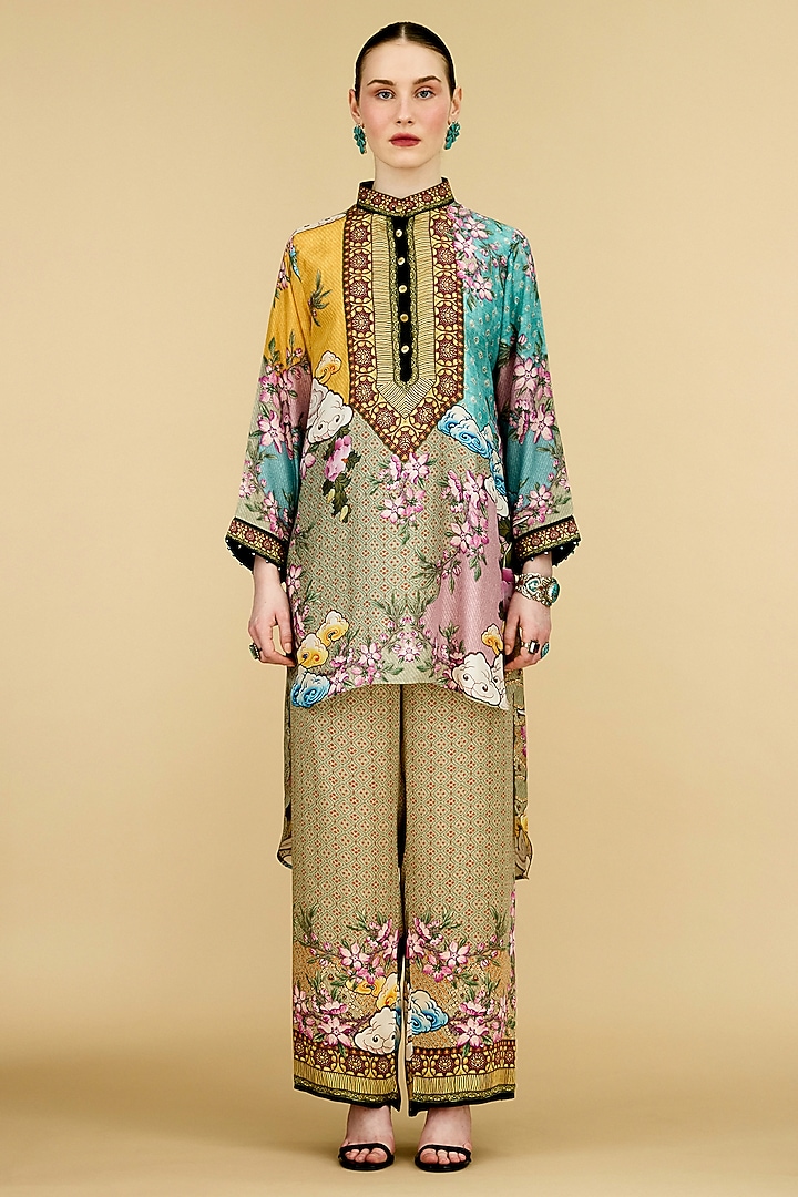 Taupe Silk Printed High-Low Tunic by Rajdeep Ranawat at Pernia's Pop Up Shop