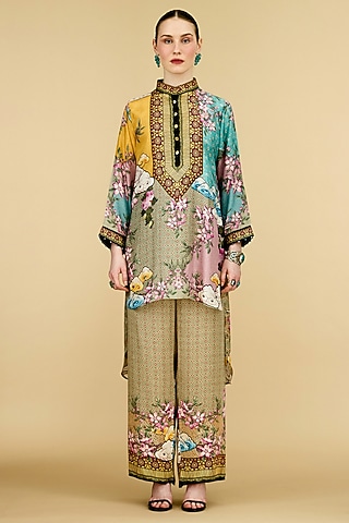 Taupe Silk Printed High-Low Tunic by Rajdeep Ranawat