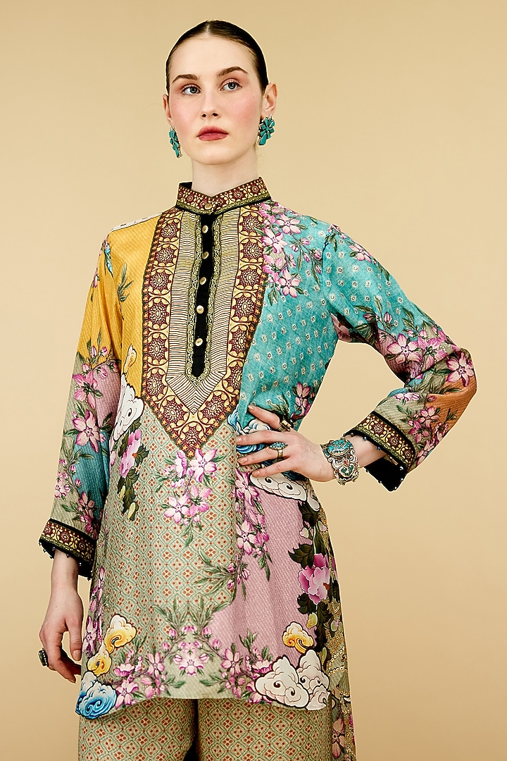 Taupe Silk Printed High-Low Tunic by Rajdeep Ranawat at Pernia's Pop Up Shop