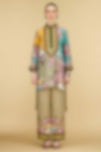 Taupe Modal Satin Printed Pants by Rajdeep Ranawat at Pernia's Pop Up Shop