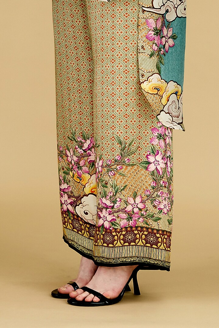Taupe Modal Satin Printed Pants by Rajdeep Ranawat at Pernia's Pop Up Shop
