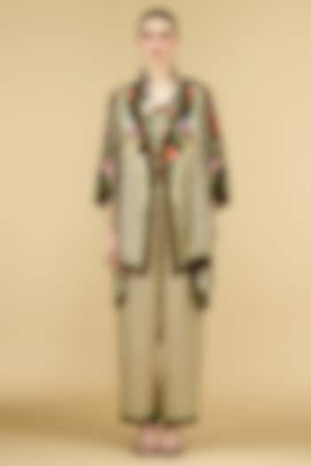 Beige Modal Satin Printed Pants by Rajdeep Ranawat at Pernia's Pop Up Shop