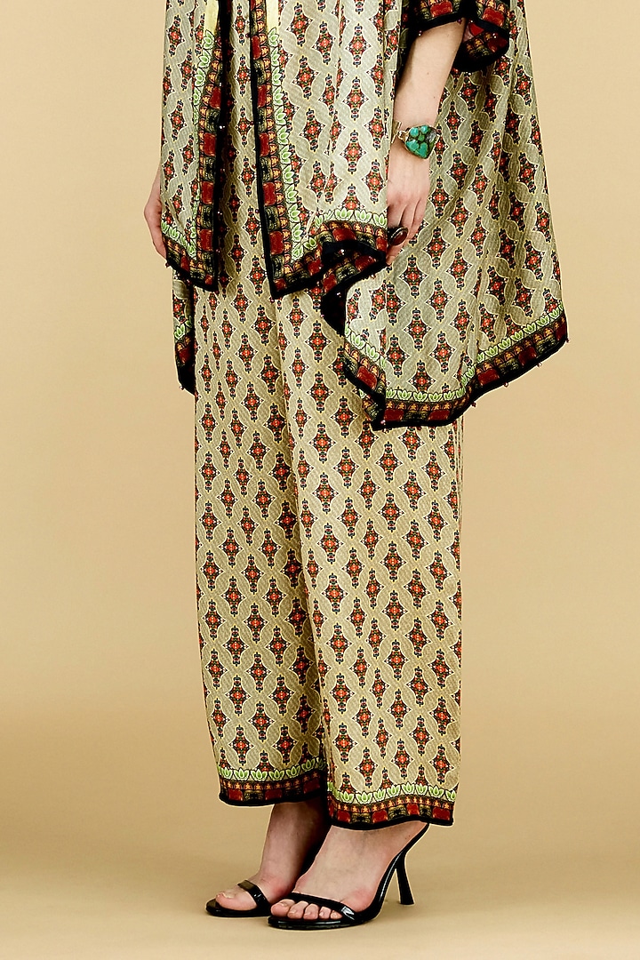 Beige Modal Satin Printed Pants by Rajdeep Ranawat at Pernia's Pop Up Shop