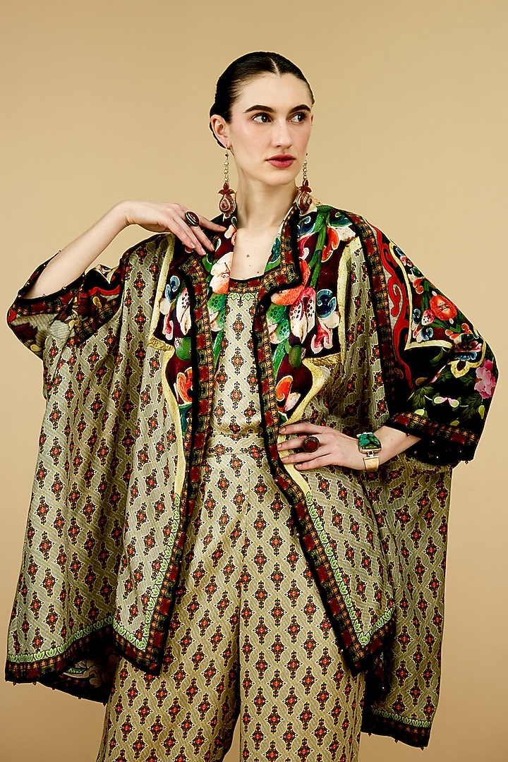 Beige Modal Satin Printed Reversible Jacket by Rajdeep Ranawat at Pernia's Pop Up Shop