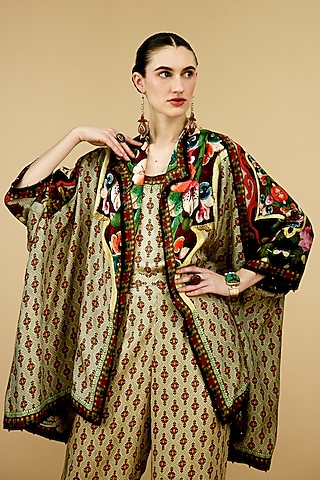 Beige Modal Satin Printed Reversible Jacket by Rajdeep Ranawat