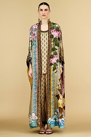 Multi-Colored Silk Printed Kimono Jacket by Rajdeep Ranawat