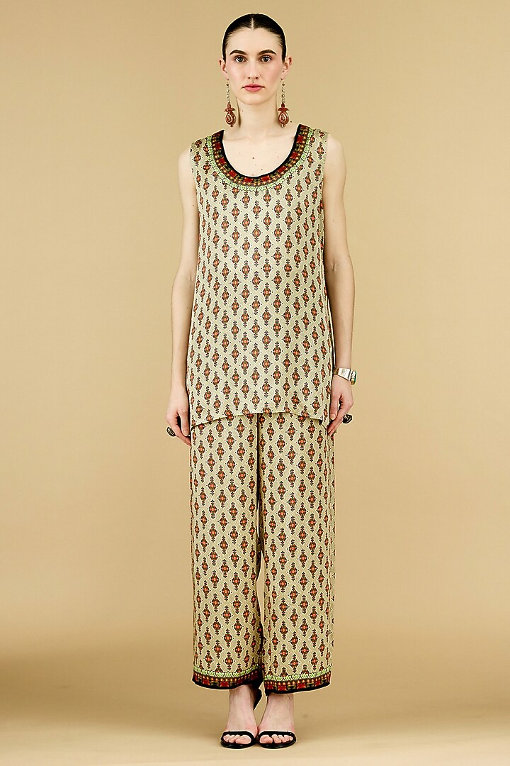 Beige Modal Satin Printed Tunic by Rajdeep Ranawat at Pernia's Pop Up Shop