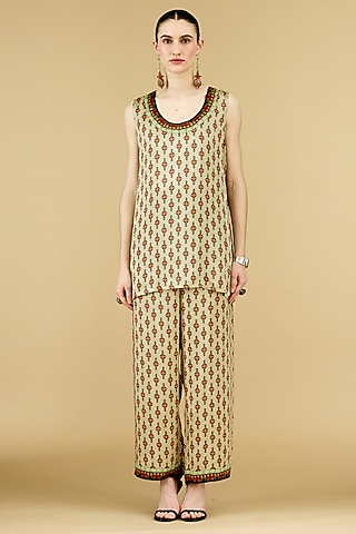 Beige Modal Satin Printed Tunic by Rajdeep Ranawat