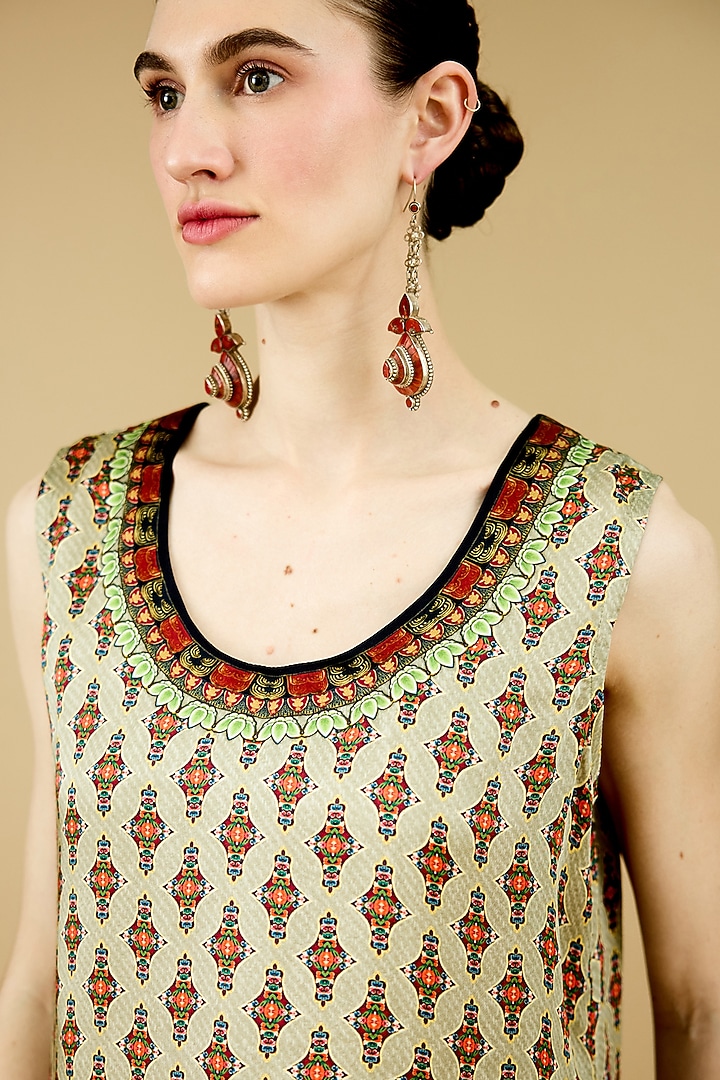 Beige Modal Satin Printed Tunic by Rajdeep Ranawat at Pernia's Pop Up Shop