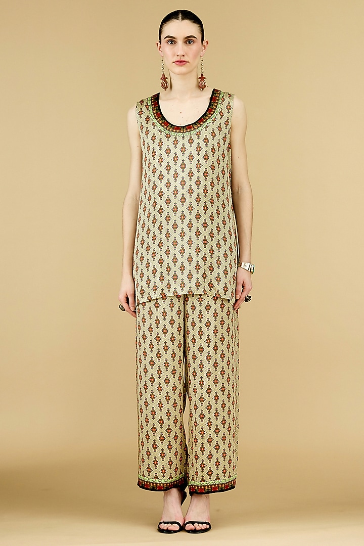 Beige Modal Satin Printed Pants by Rajdeep Ranawat at Pernia's Pop Up Shop