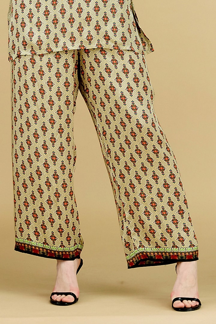 Beige Modal Satin Printed Pants by Rajdeep Ranawat at Pernia's Pop Up Shop